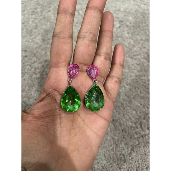 Pink& green earring pink Green crystal green teardrop peridot long green earring - Picture 5 of 10
